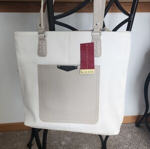 Koltov Shoulder Strap White/Sand Lexi Tote Zip & Slip Pockets Snap Close NWT